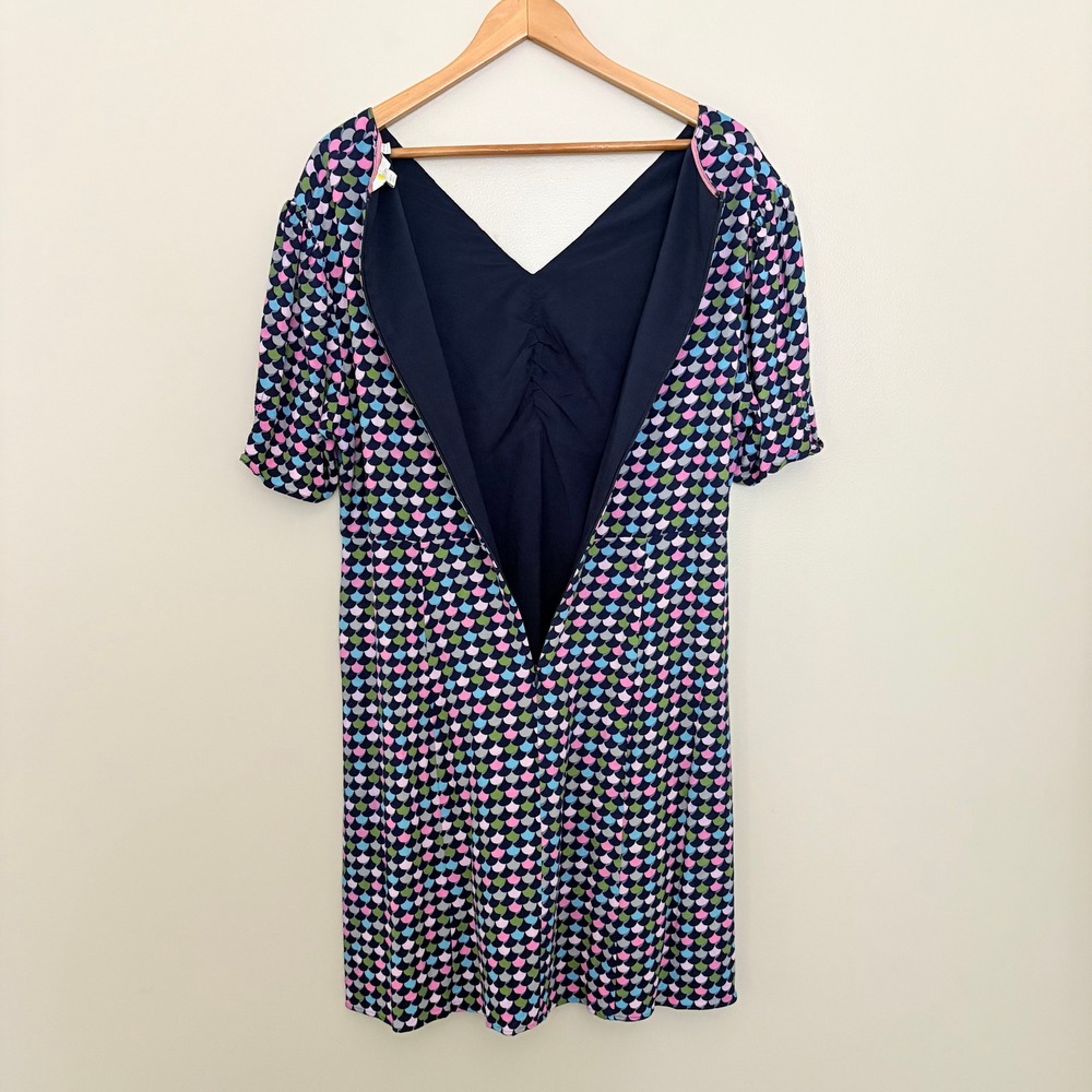 Boden Jemima Dress 14R Navy‎ Blue Multicolor Scallop Print V-Neck Ruched - Picture 7 of 13